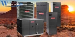 Goodman HVAC systems displayed in a desert landscape, showcasing reliable heating and cooling solutions for Peoria, AZ homeowners.