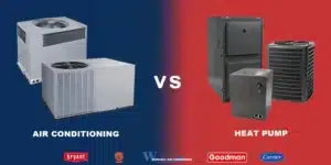 Air conditioning unit on the left and heat pump on the right, contrasting HVAC systems for Scottsdale homes, with brand logos displayed.