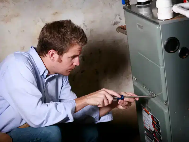 Technician Repairing a Furnace Technician Repairing a Furnace
