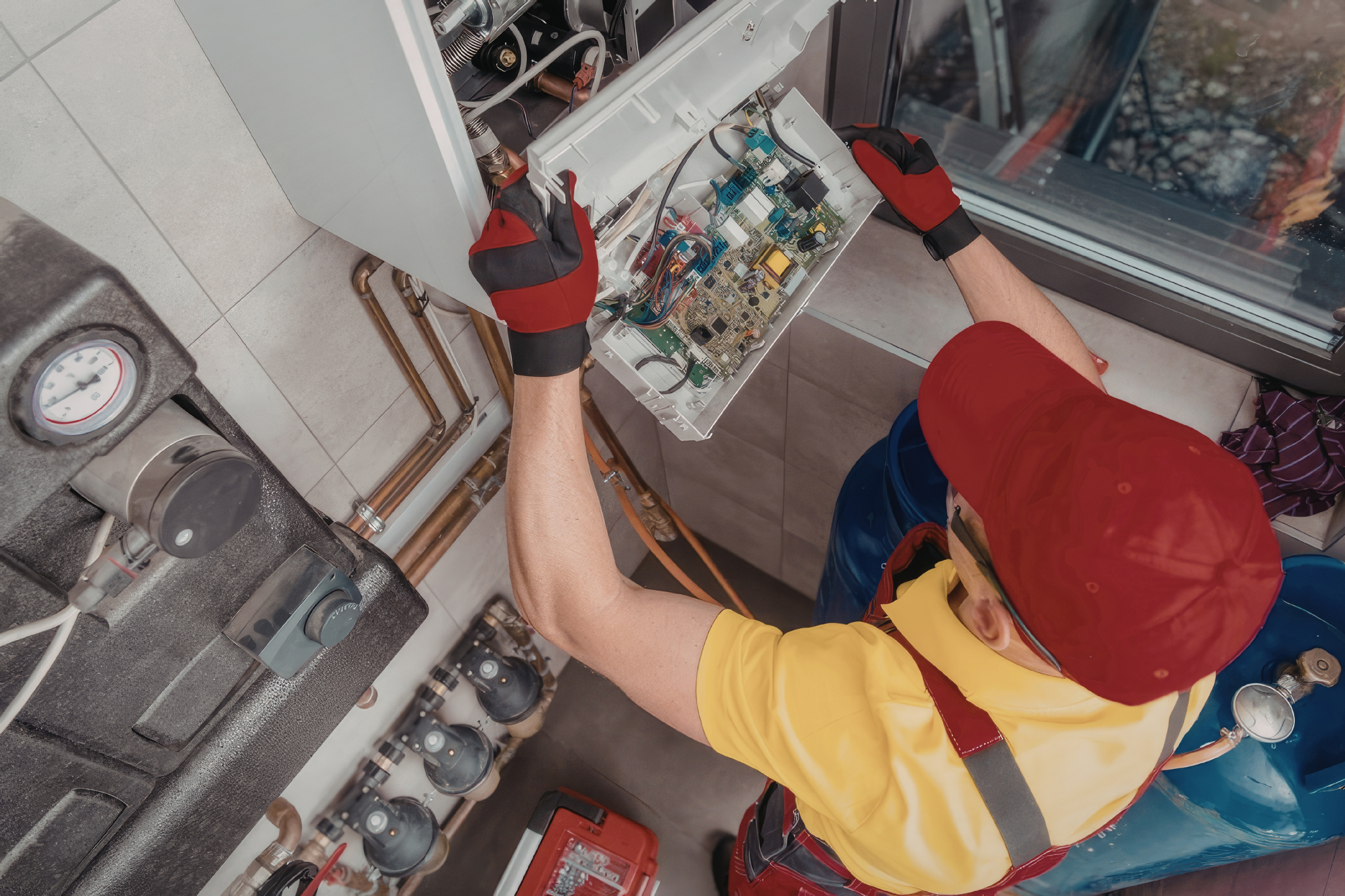 Preventing Future Heating Issues Technician repairing a heating system, inspecting internal components and circuit board, wearing gloves and a red cap, in a residential setting.