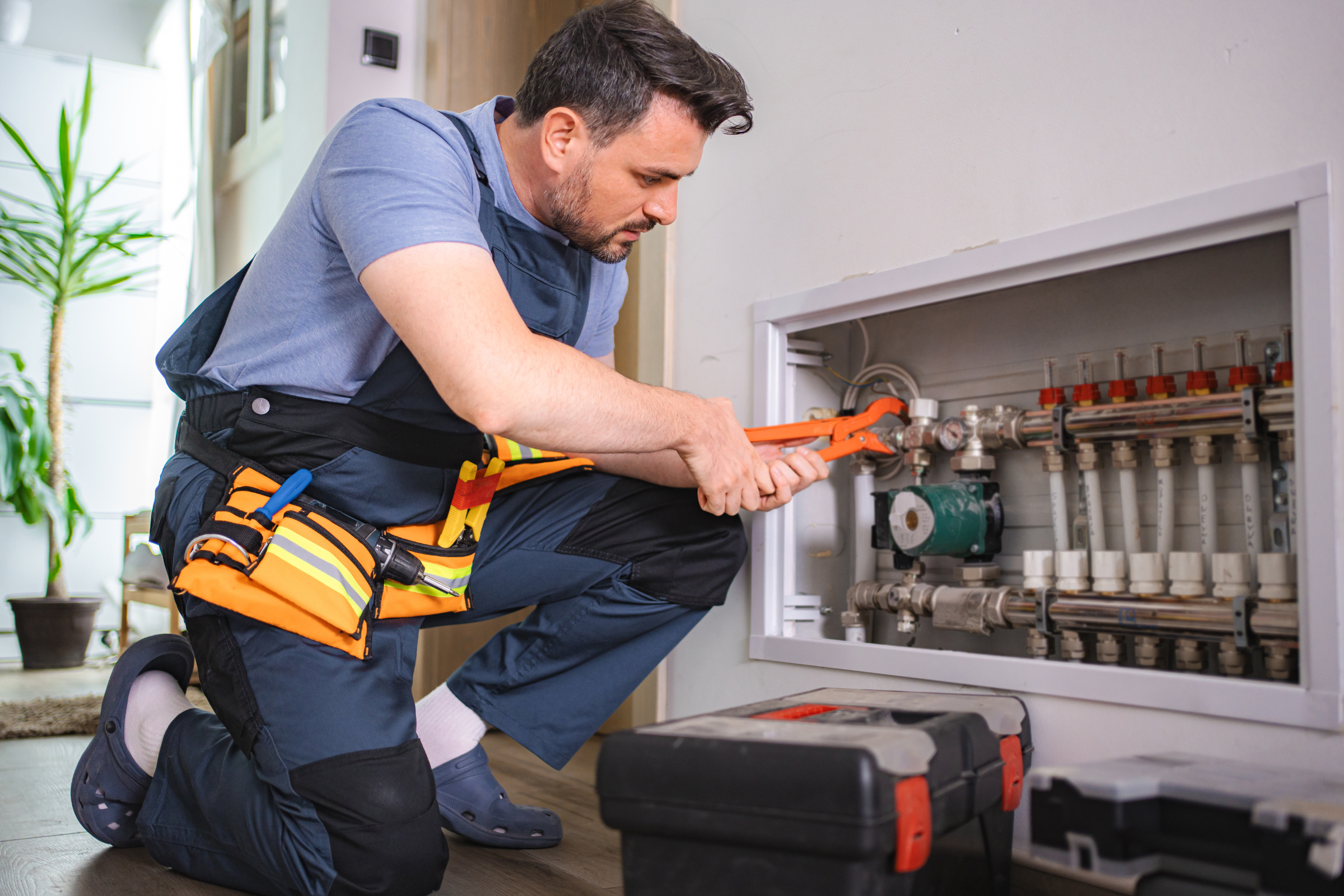 Signs Your Heating System Needs Repair Heating technician performing maintenance on a heating system with tools, emphasizing professional repairs and system optimization services.